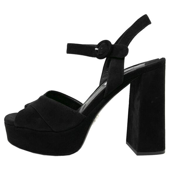 Prada Black Suede Platform Peep Toe Sandals Block Heel Size 38.5 - Picture 1 of 10